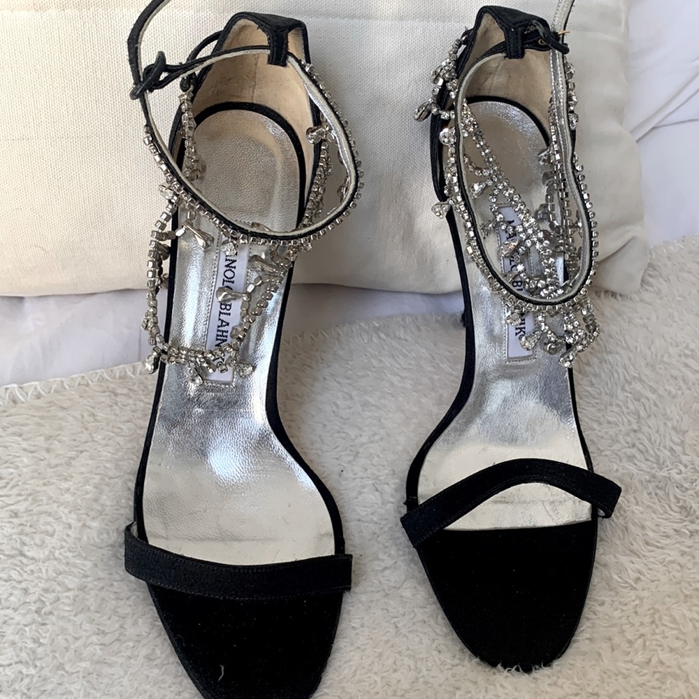 Black Satin Luxurious 4 inch Sandals with Crystal ankle bracelets.